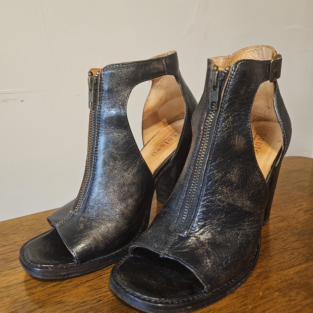 Bed Stu Black Leather Peep-Toe Wedge Heels